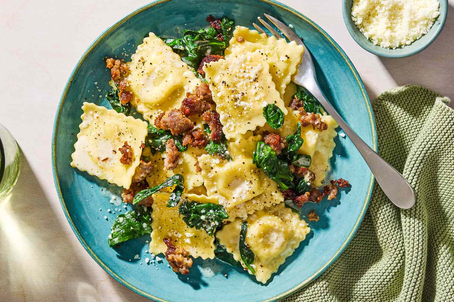 One-Pan Ravioli in a bowl with a fork