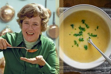A split image of Julia Child and an overhead shot of a bowl of soup