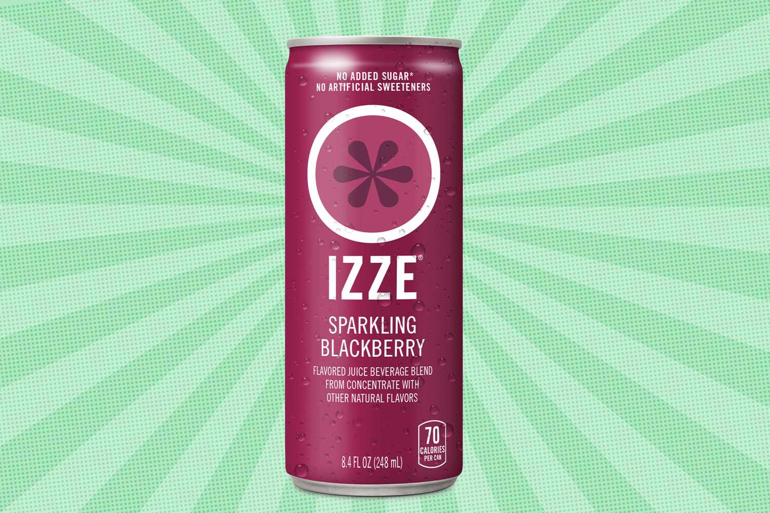 A can of Izze Sparkling Blackberry drink against a green patterned background