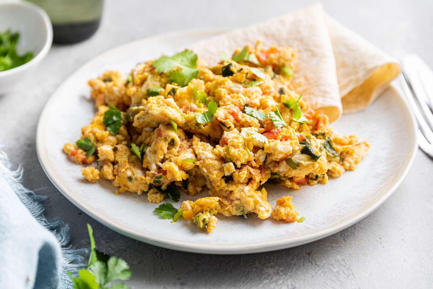 Huevos a la Mexicana on Plate with Tortilla