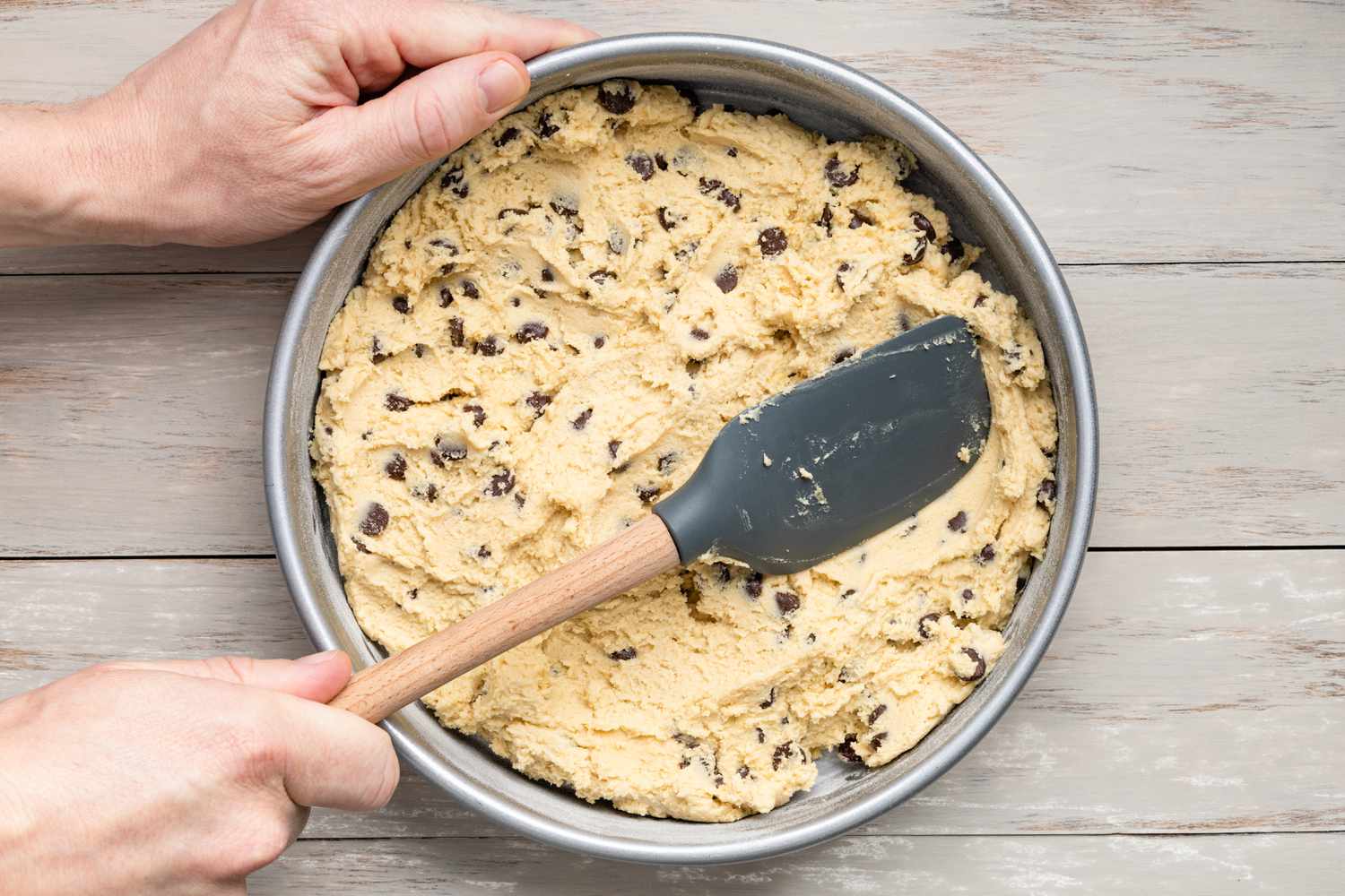 Chocolate Chip Cookie Cake Dough in Baking Pan