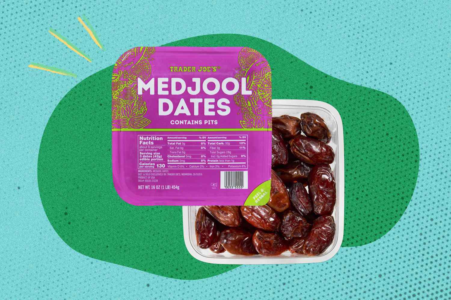 Trader Joes Medjool Dates in a plastic container with the packaging shown
