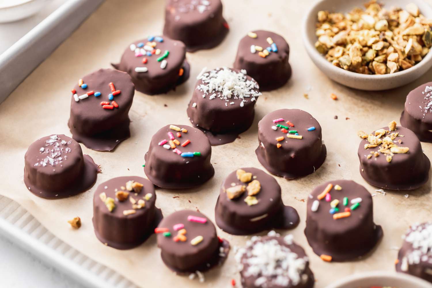Frozen Chocolate Covered Bananas on a Tray