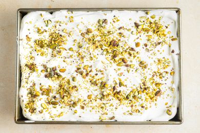 Tray of Tres Leches with Pistachio and Cardamom