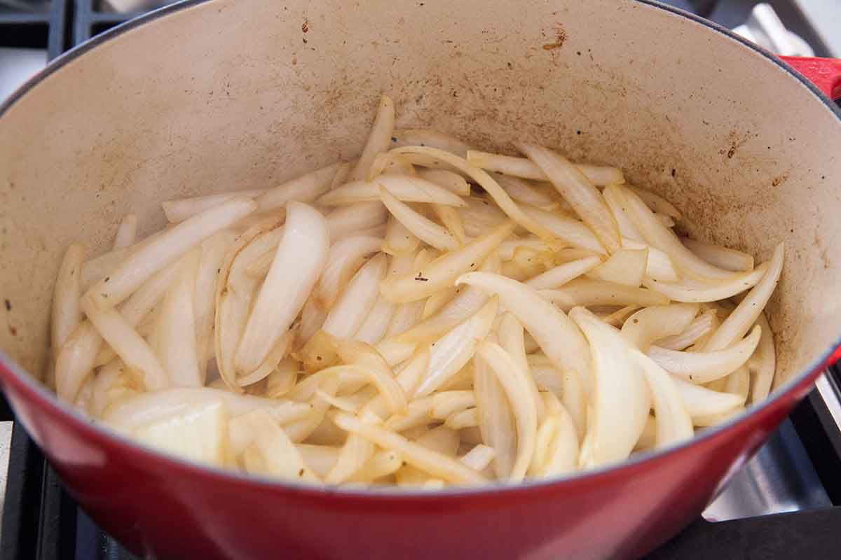 Onions cooking in a Dutch oven