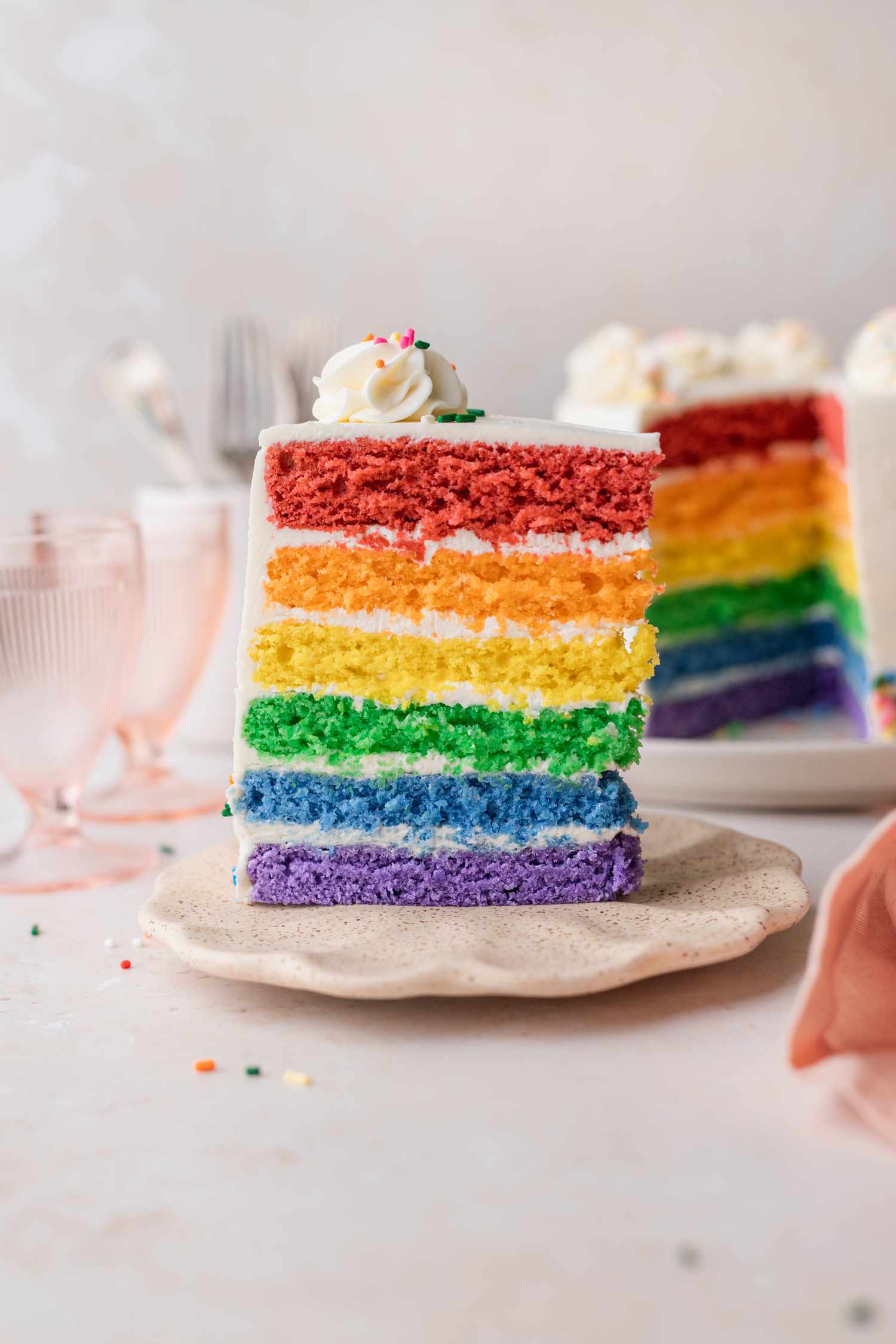 Portion Size of Layered Rainbow Cake on a Plate