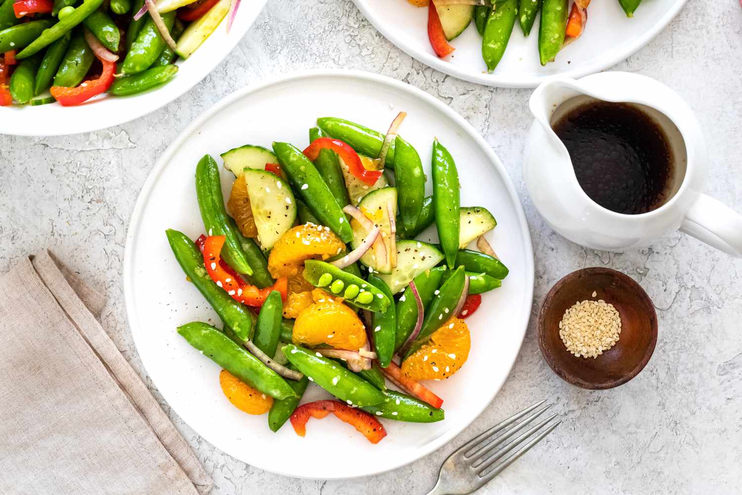 Springy snap pea salad on plate.