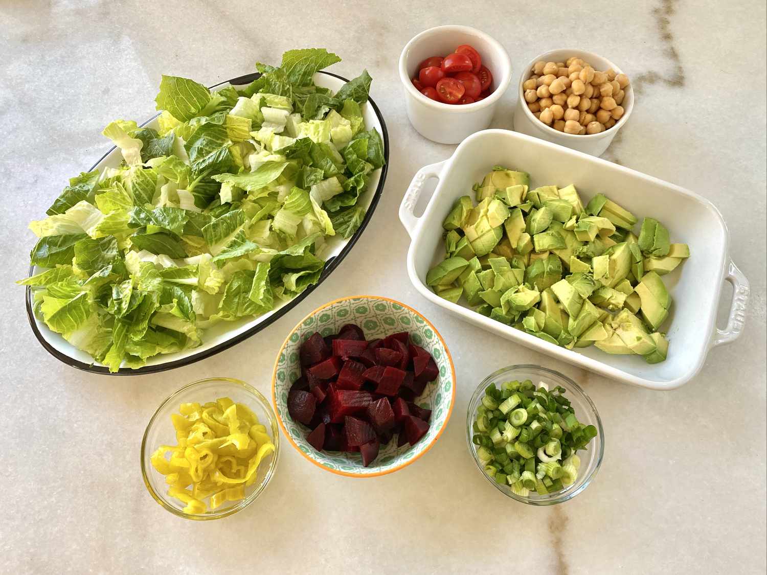 Gwyneth Paltrow's Really Good Chopped Salad - all ingredients in various dishes