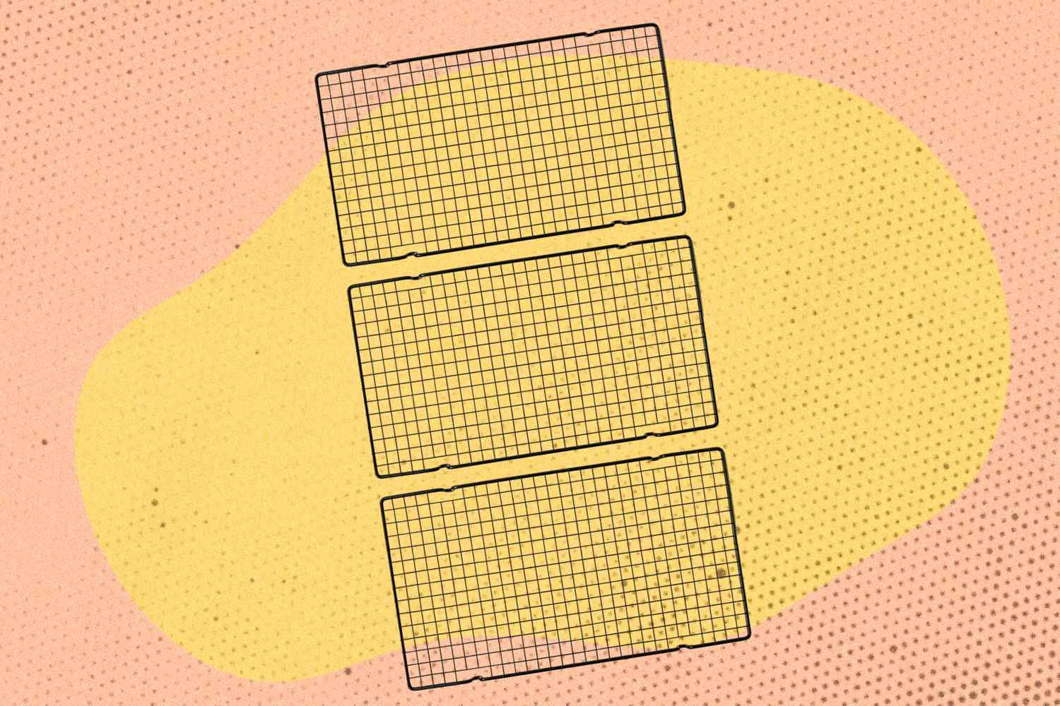 Three wire cooling racks positioned in a vertical arrangement on a graphic background with pastel tones shown for illustrative purposes