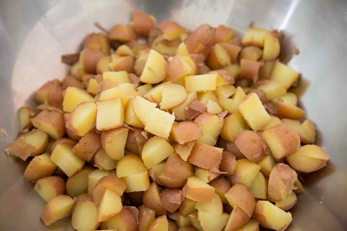 Cooked potatoes cut into pieces