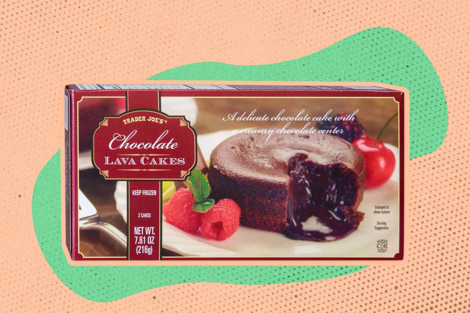 A package of Trader Joe's Chocolate Lava Cakes on an illustrated background