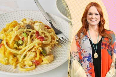 Ree Drummond next to an image of a serving of her Chicken Spaghetti on a small plate with a fork