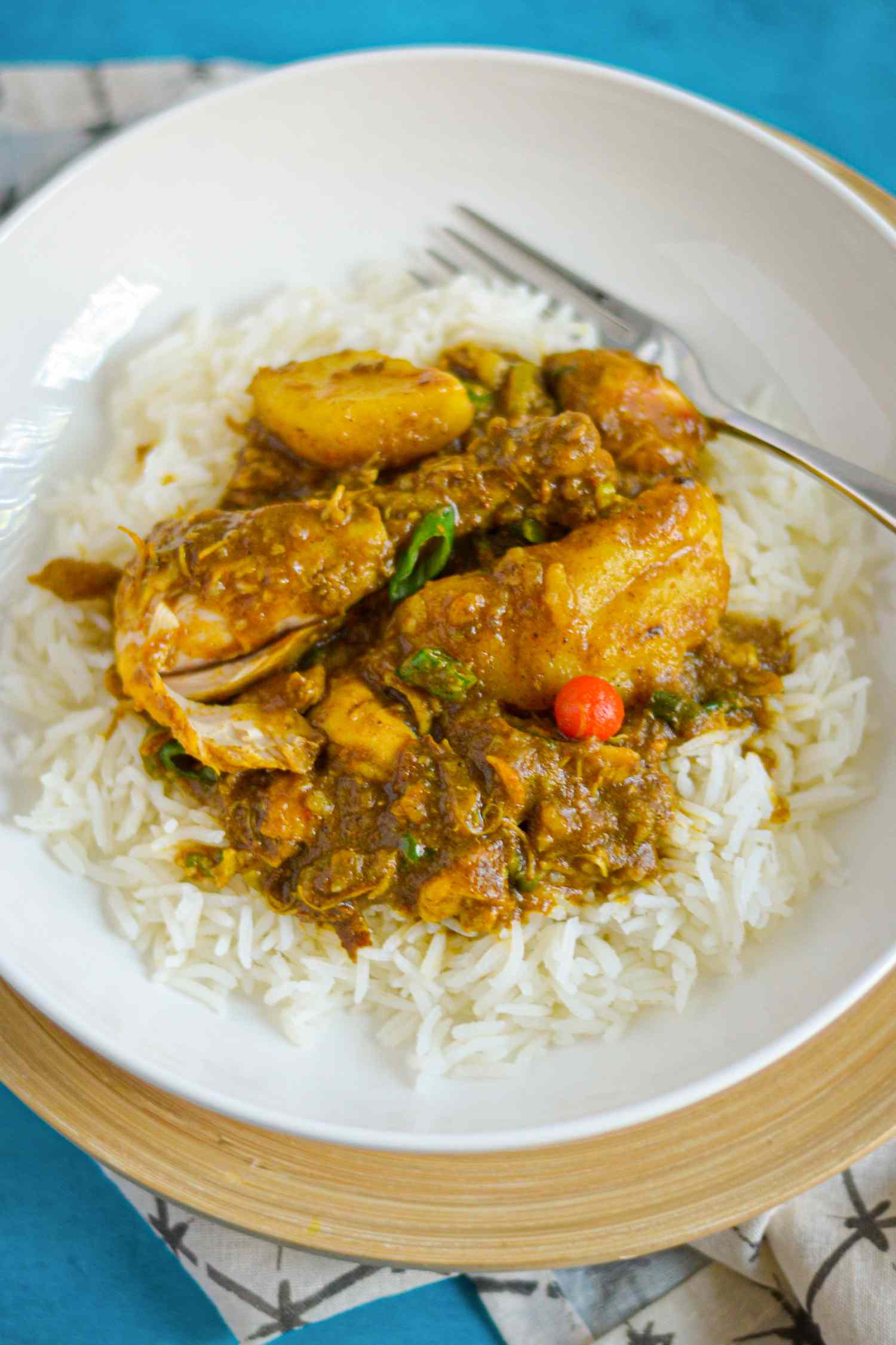 Guyanese Chicken Curry in a Bowl with Rice