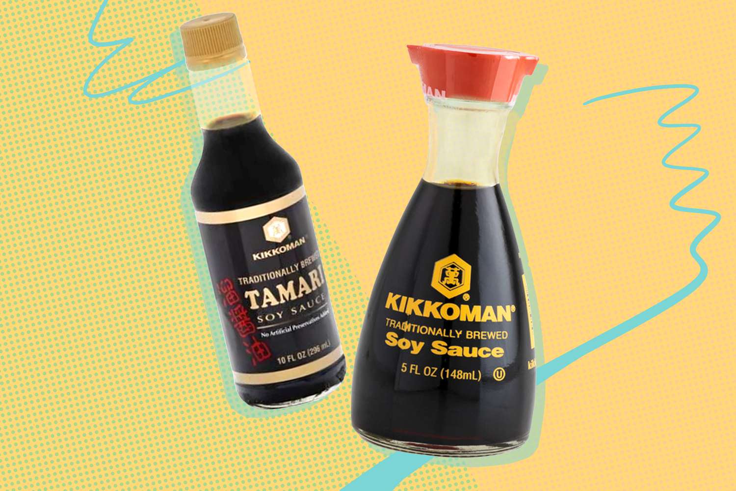 Images of soy sauce and tomari on a yellow background with blue line art