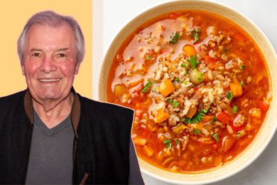 A split image of Jacques Pepin and a bowl of tomato rice soup