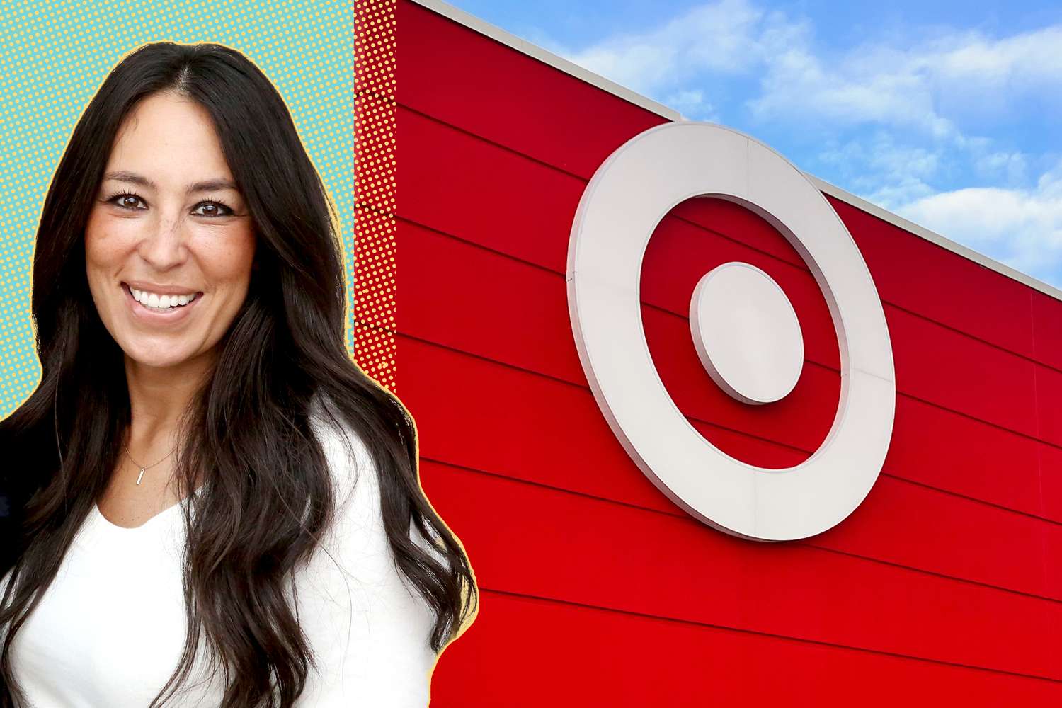 Joanna Gaines in front of a large Target store logo and building