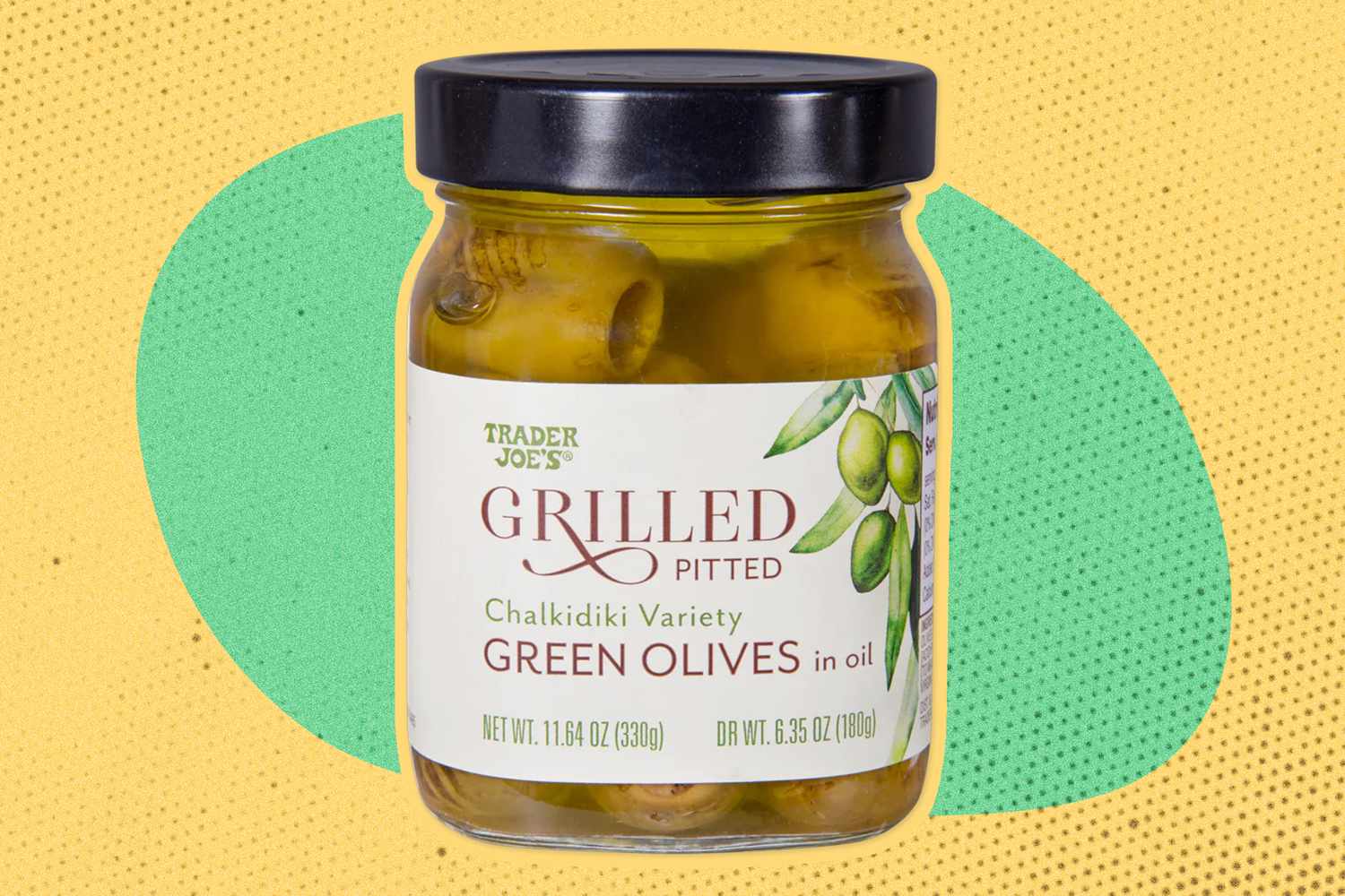 jar of grilled pitted green olives over a colorful background