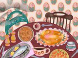 Illustration of a Thanksgiving table, including a plattered Turkey, a whole fish, and a latticed pie