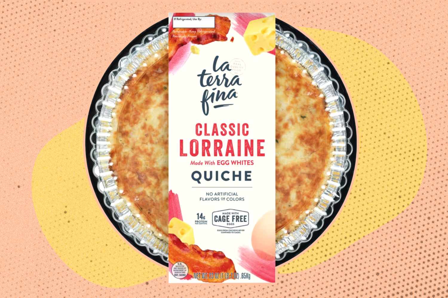 Packaged La Terra Fina quiche on a graphic background