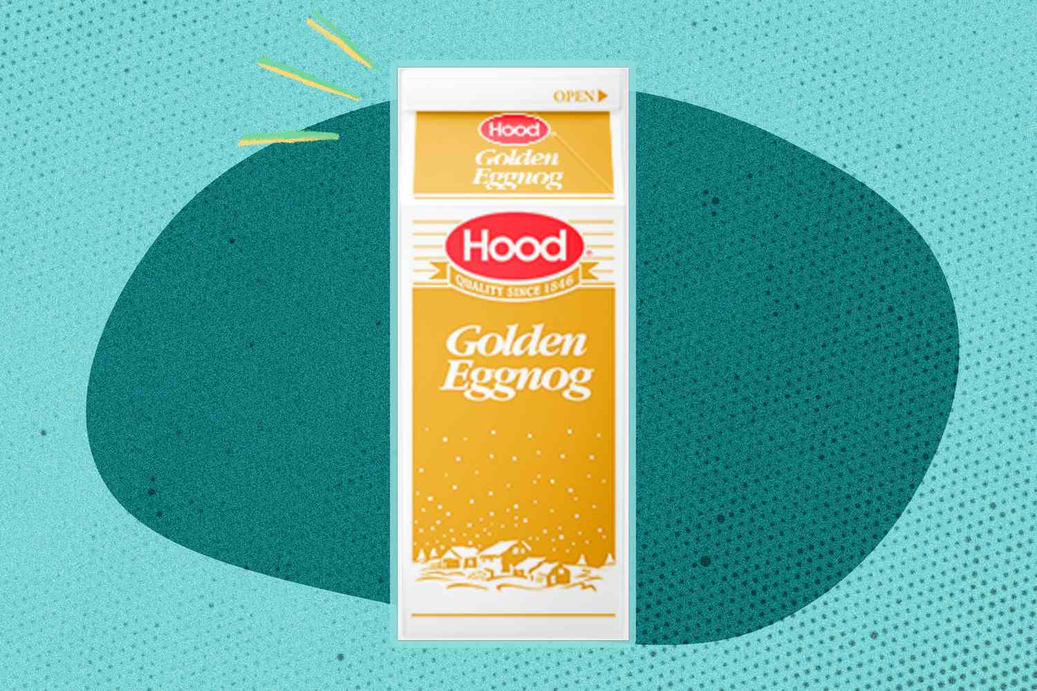 A Hood Golden Eggnog carton on an illustrated background