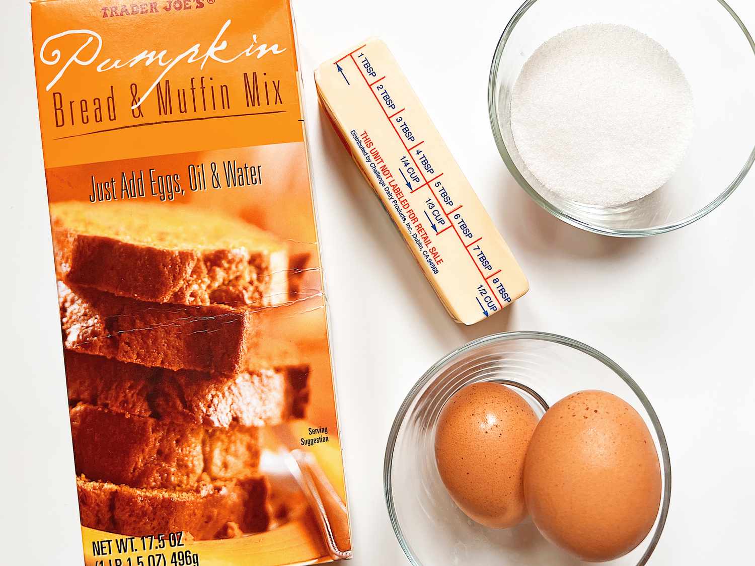 Trader Joe's pumpkin mix, butter, sugar, and eggs