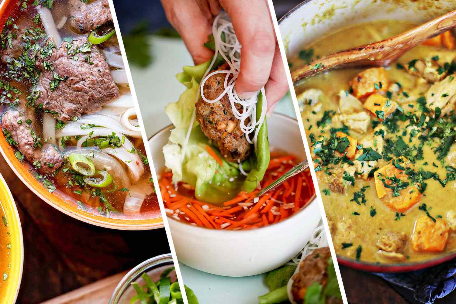 Three images set next to each other. To the left is a bowl of homemade beef pho. In the middle is a lettuce wrap being dipped in a mixture of sliced carrots. The image at the right is a bowl of Vietnamese curry.