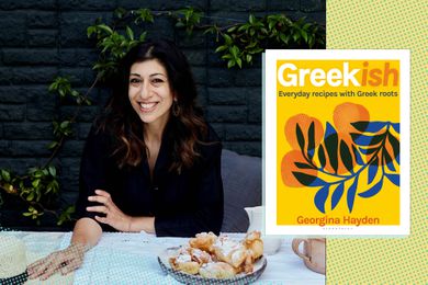 Author Georgina Hayden next to her book, Greekish