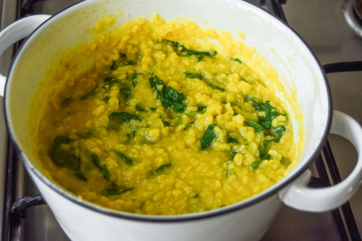 A Dutch Oven Filled with Daal Palak 