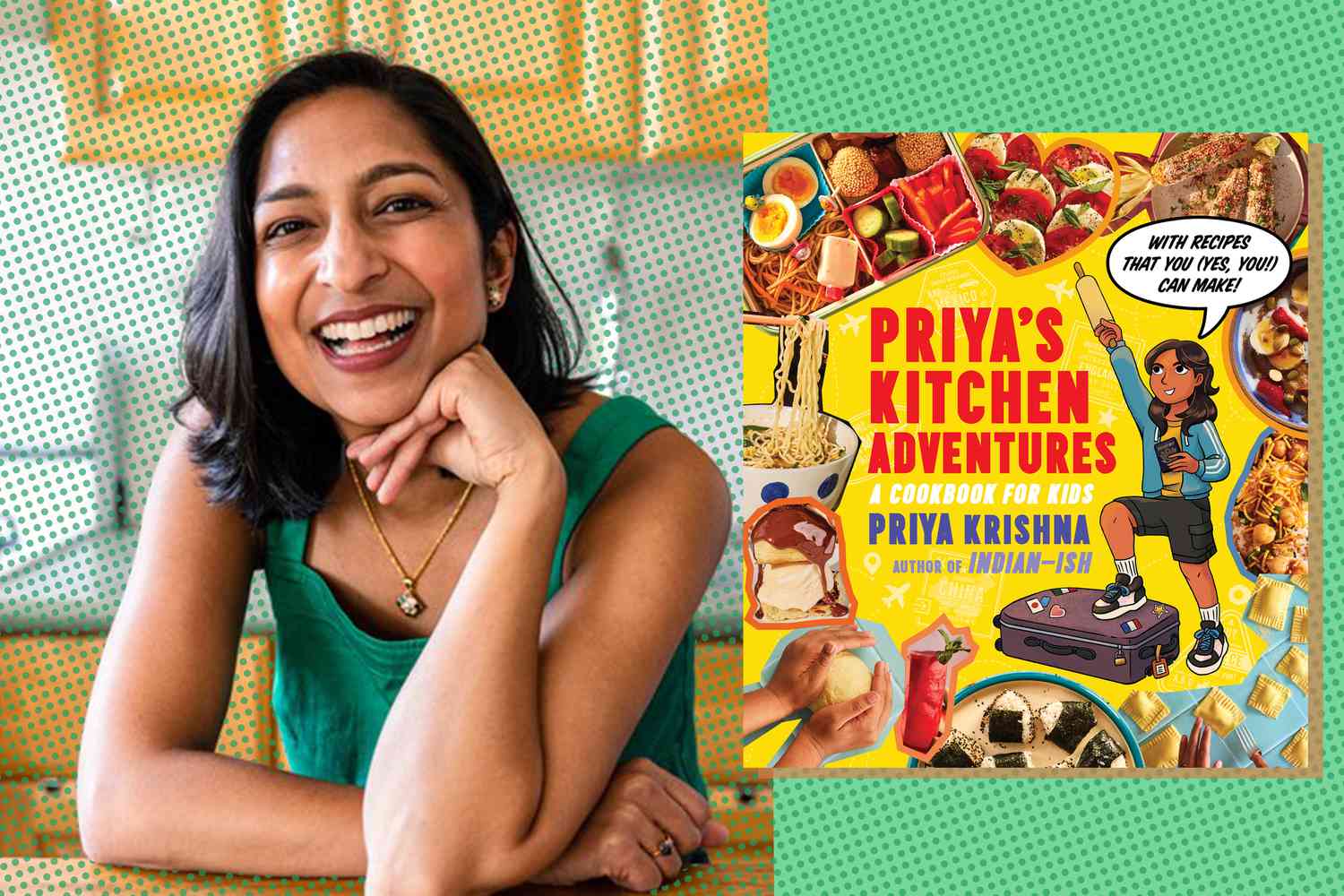 photo of Priya Krishna next to a cutout of her cookbook (Priya's Kitchen Adventures)