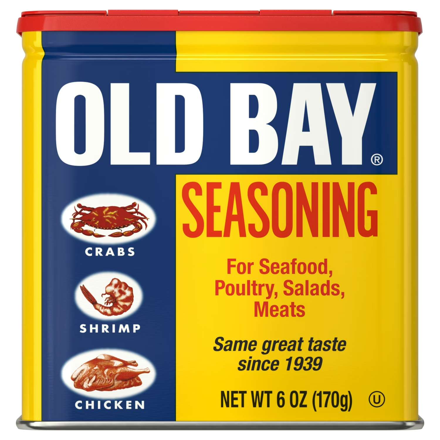 Old Bay seasoning container labeled for use on seafood poultry salads and meats featuring crab and shrimp illustrations