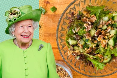 Elizabeth II next to a bowl of salad with lettuce and nuts