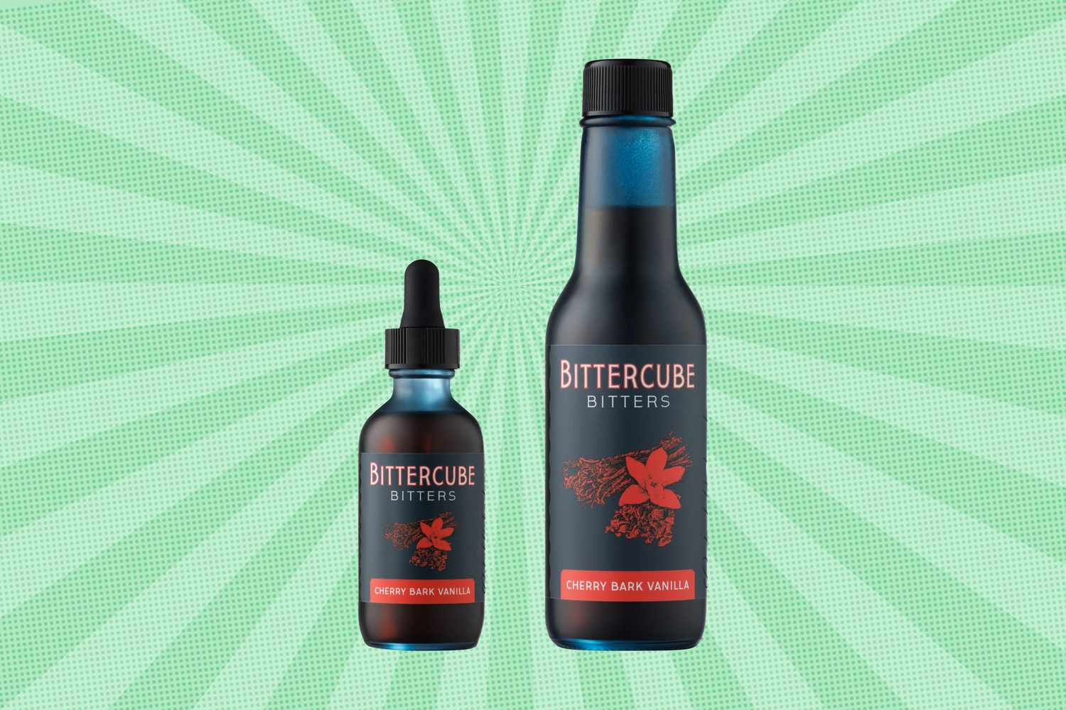 Two bottles of Bittercube cherry bark vanilla bitters against a green background with a sunburst design
