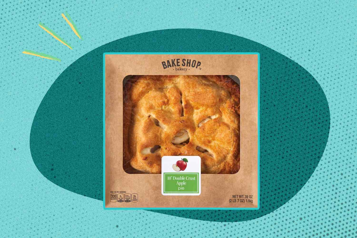 A packaged apple pie from Bake Shop bakery, displayed with a decorative teal background
