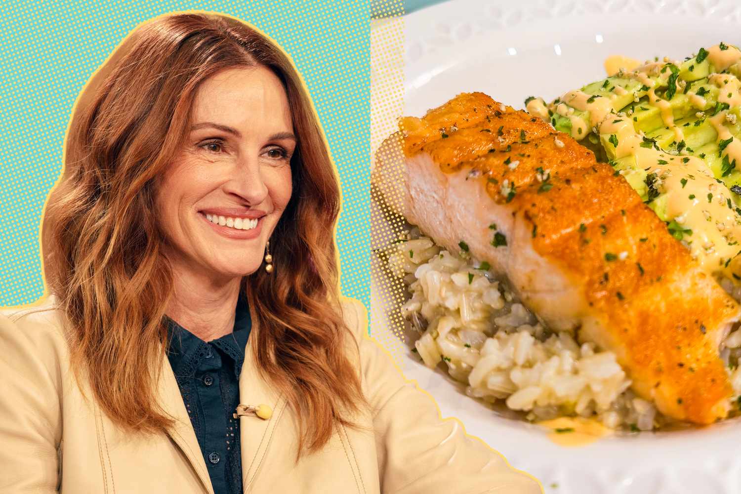 Julia Roberts smiling a plate of salmon with risotto shown