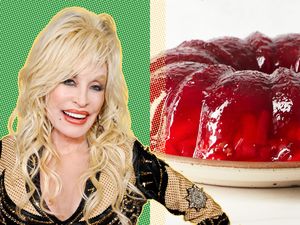 Dolly Parton and a plate with cranberry salad in a molded form