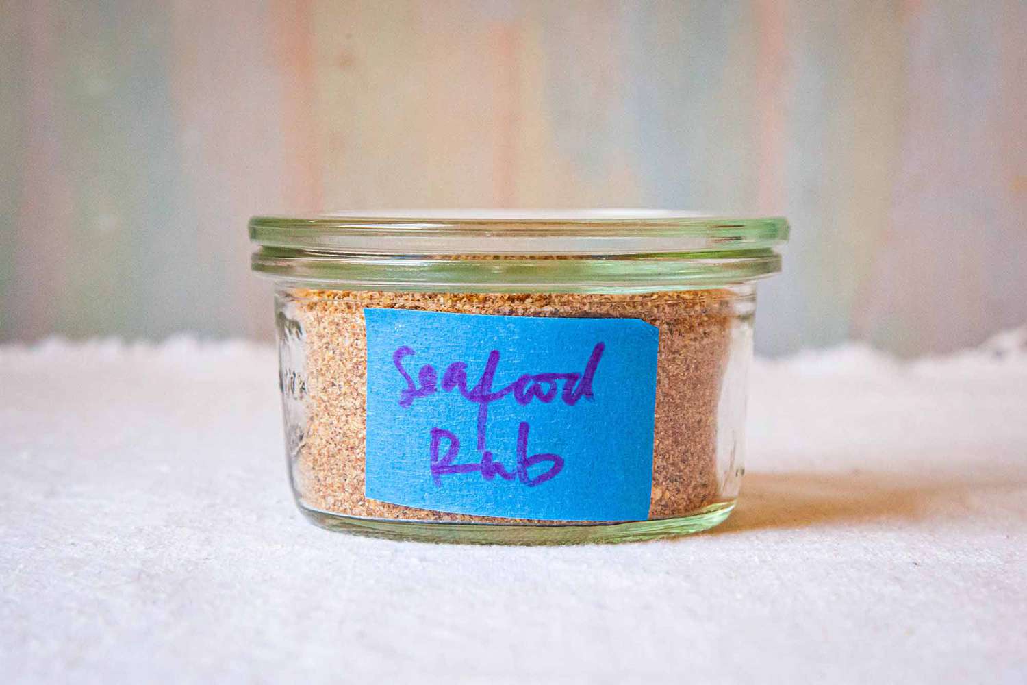 All Purpose Spice Rub for Fish and Seafood - labeled glass jar with spice rub