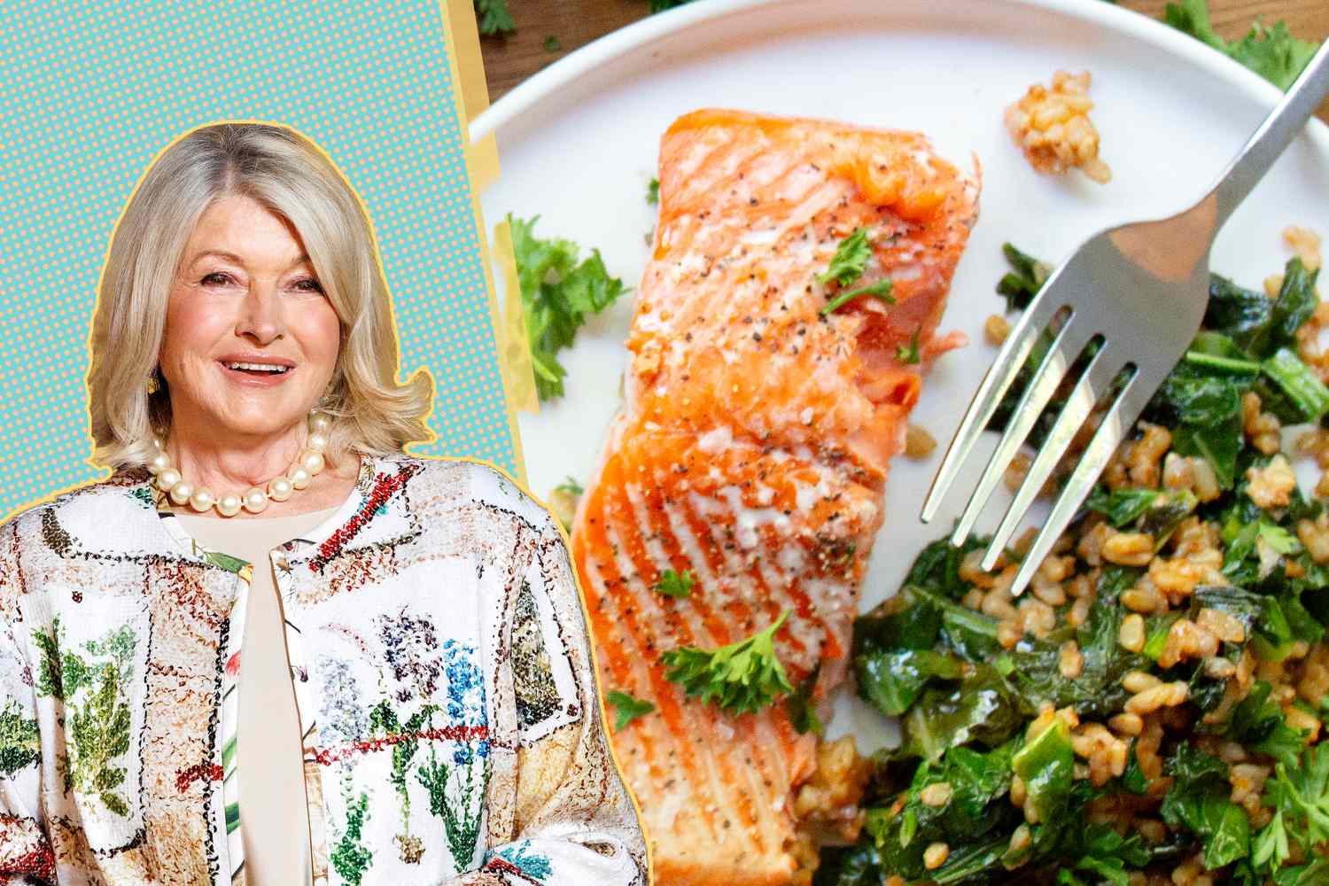 Martha Stewart alongside a plate of salmon and greens