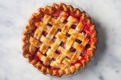 Overhead view of a lattice top pie.