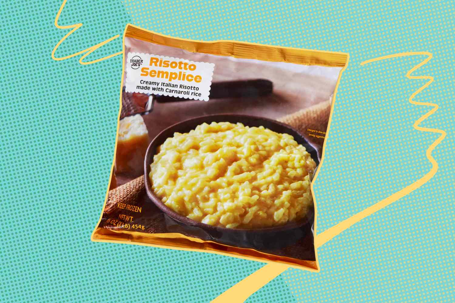 Package of Trader Joes Risotto Semplice on a colorful background