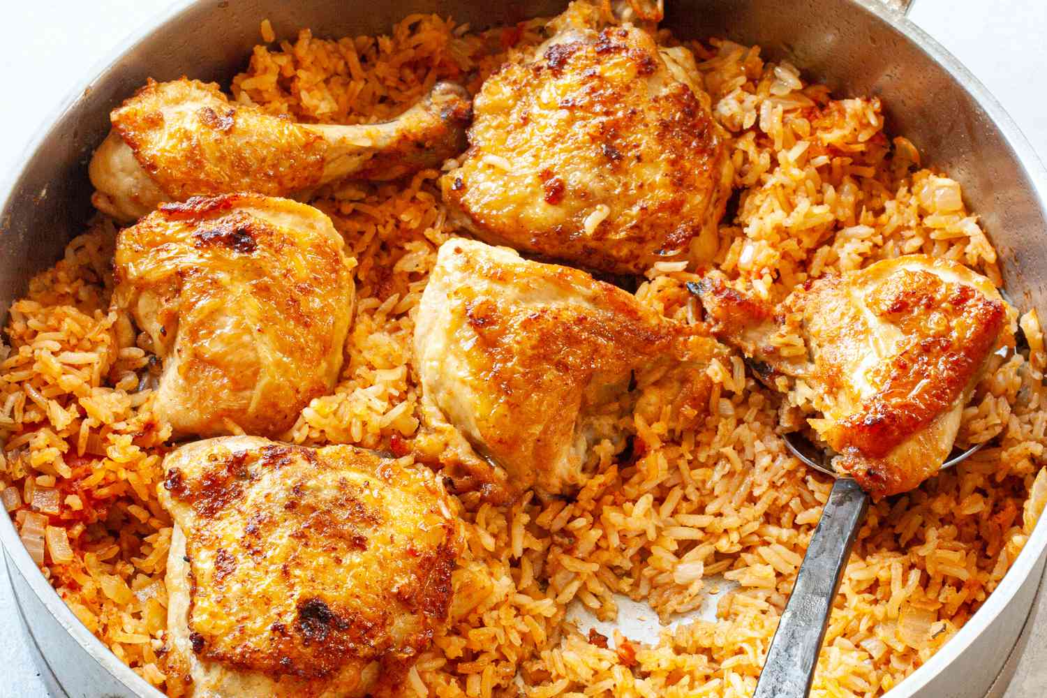 A pan of cooked arroz con pollo