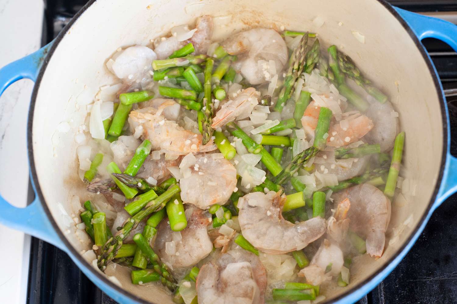 Shrimp and Asparagus in Dutch Oven for Pasta 