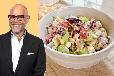 A split image of Alton Brown and a bowl of his greek chicken salad recipe