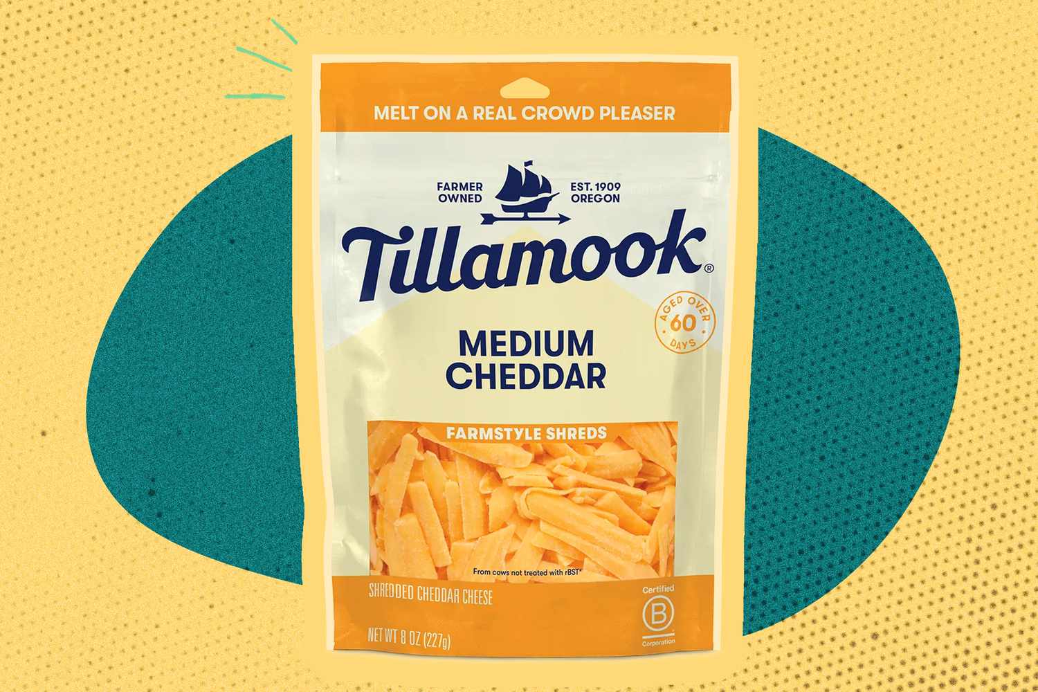 Tillamook medium cheddar bag over an illustrated background
