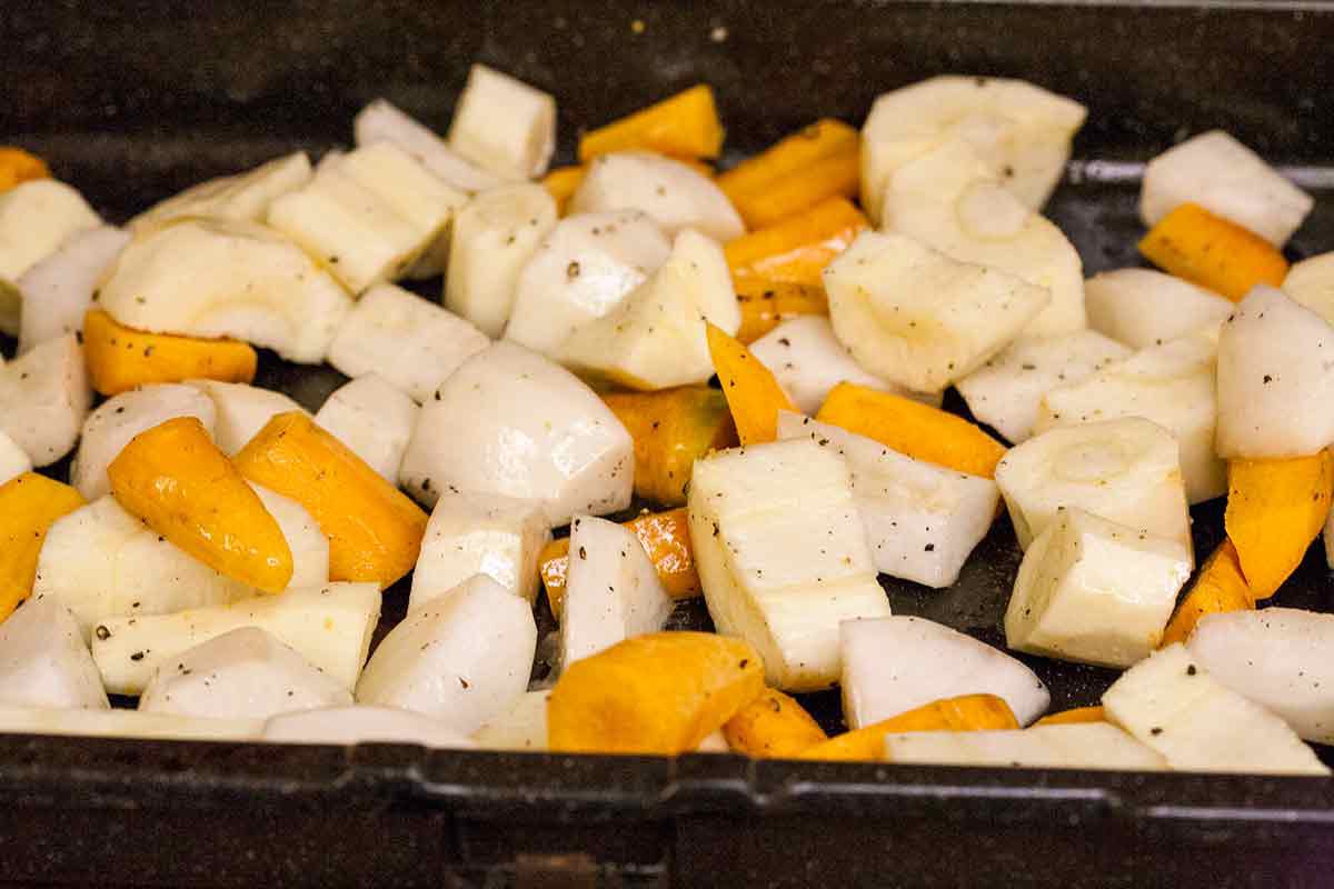 Carrots, parsnips, and turnips cooking in olive oil