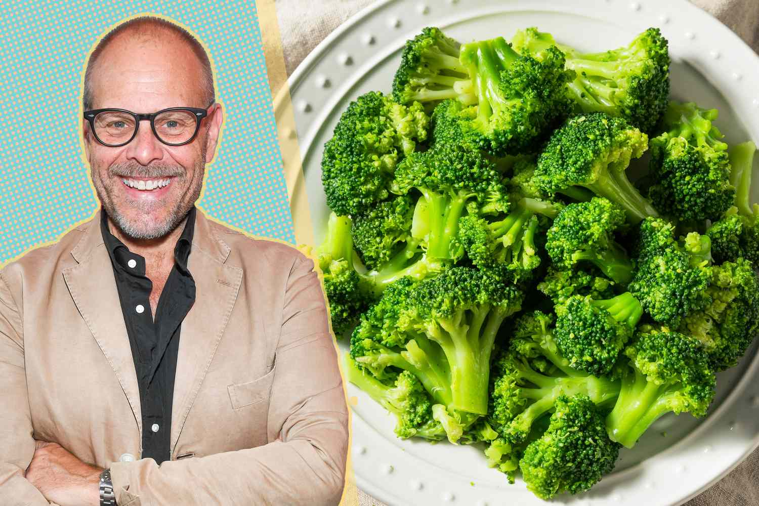 portrait of Alton Brown and a plate of cooked broccoli