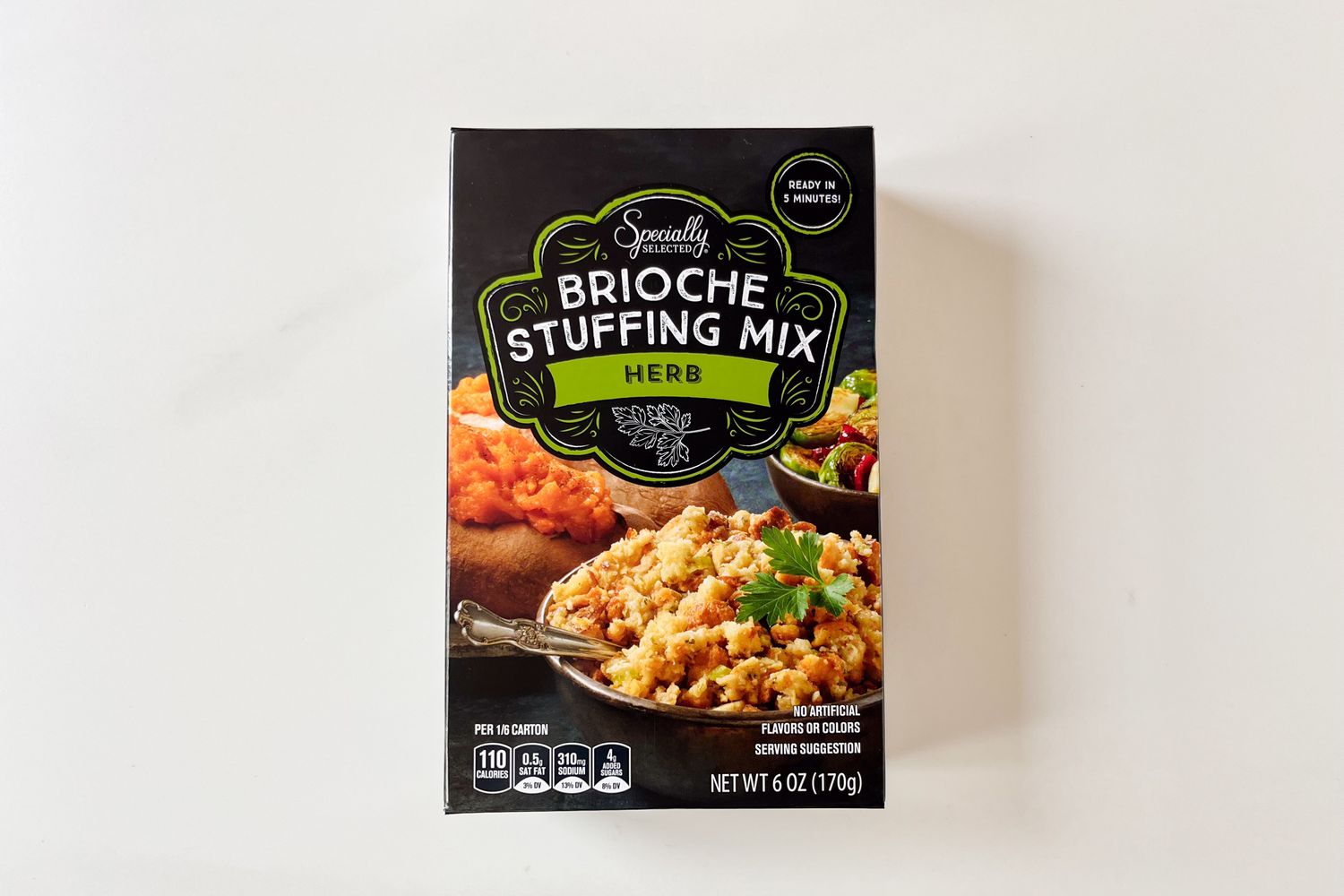 Overhead view of the front of a package of Herb flavored Brioche Stuffing Mix from Aldi
