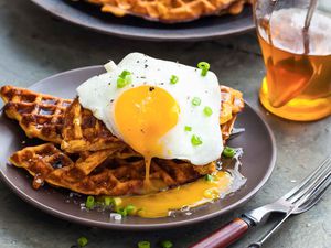 Sweet Potato Waffles with Bacon, Scallions and Fried Eggs