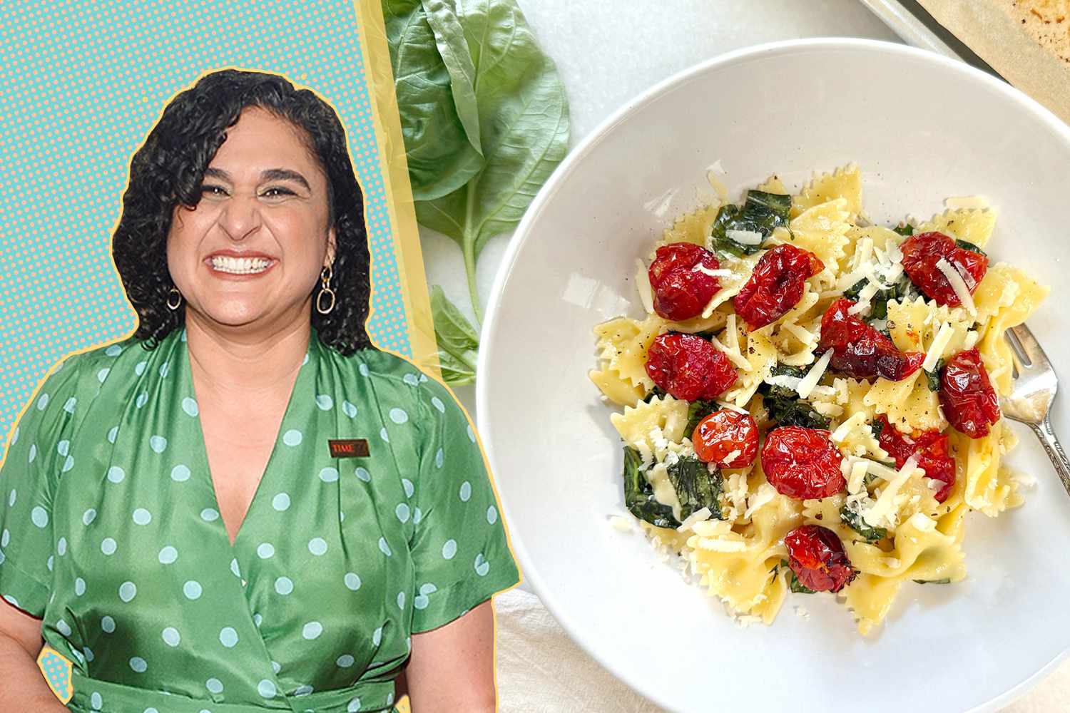 Samin Nosrat portrait next to a bowl of her Pasta with Tomato "Candy"