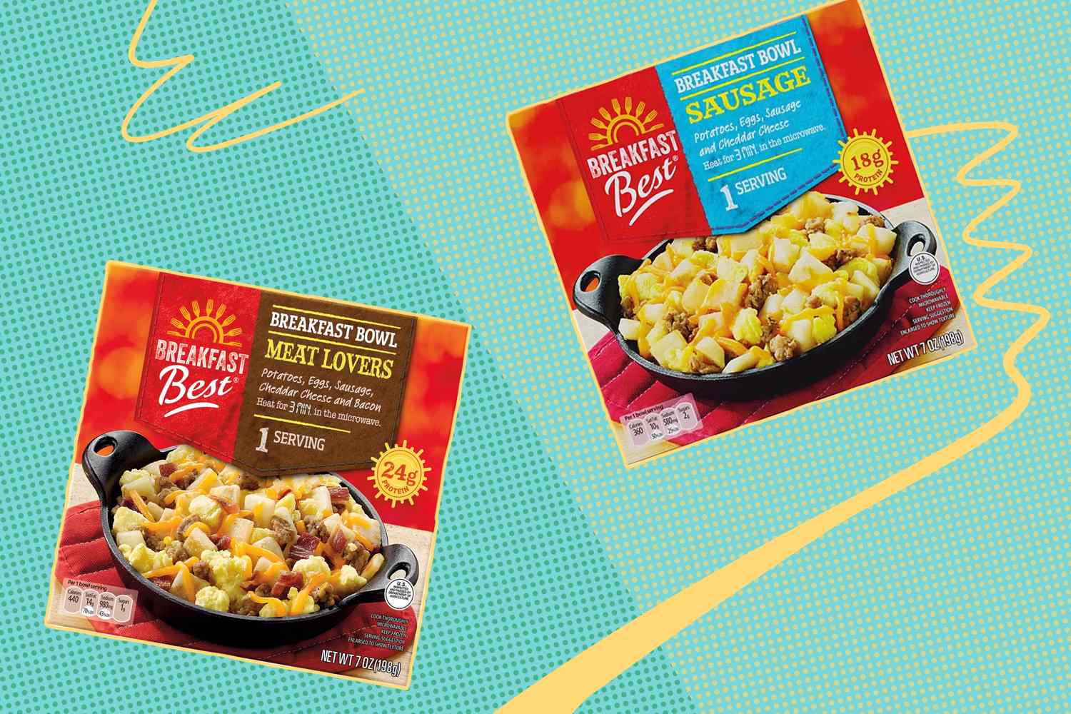 Two packages of premade breakfast bowls labeled as Meat Lovers and Sausage varieties