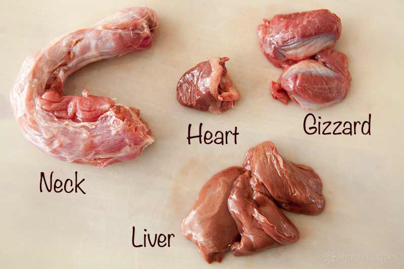 Various turkey giblets including neck heart liver and gizzard arranged on a light background with labels